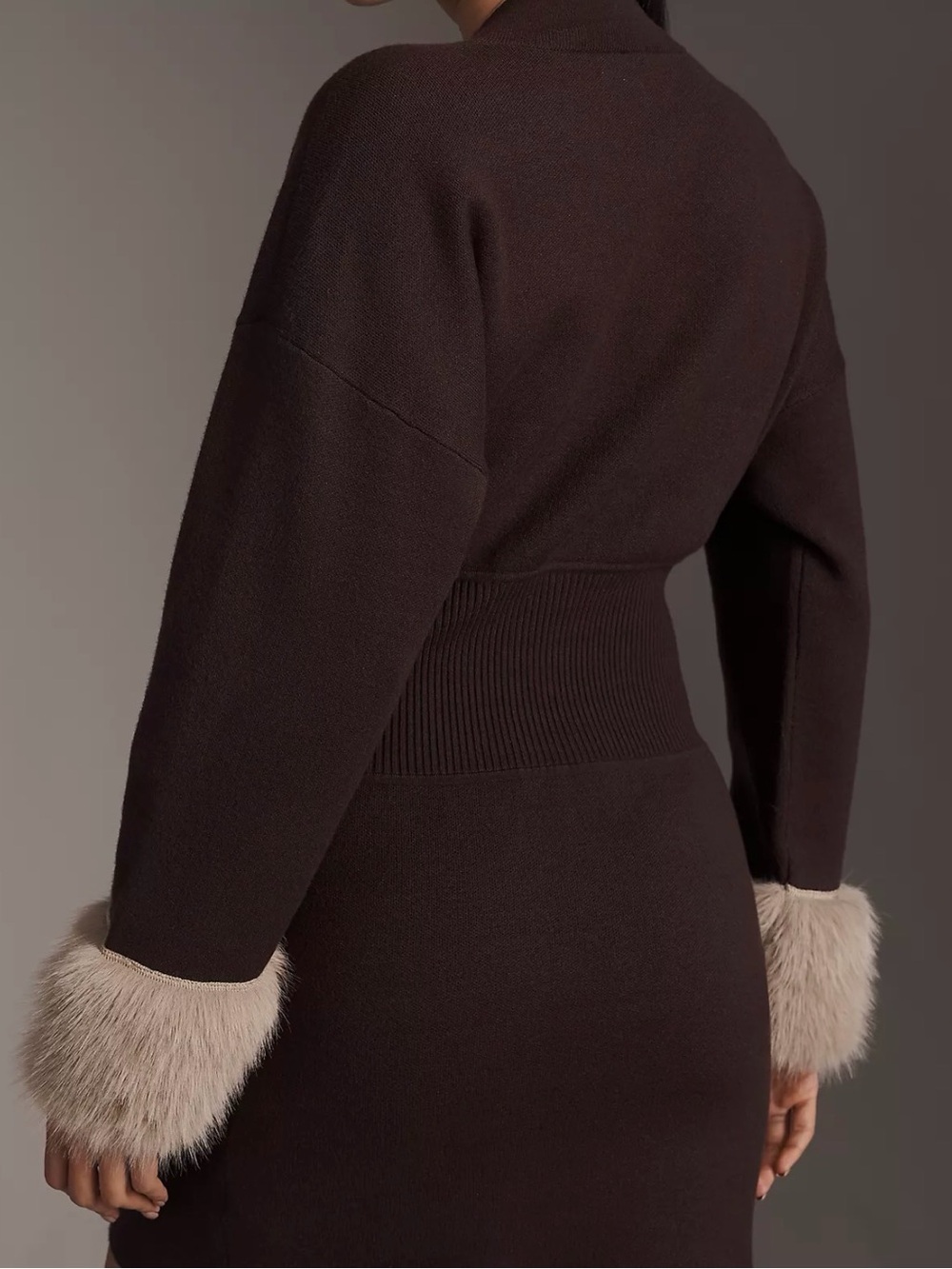 Anthropologie Dark Brown Long-Sleeve Knit Dress with Faux-Fur Cuffs